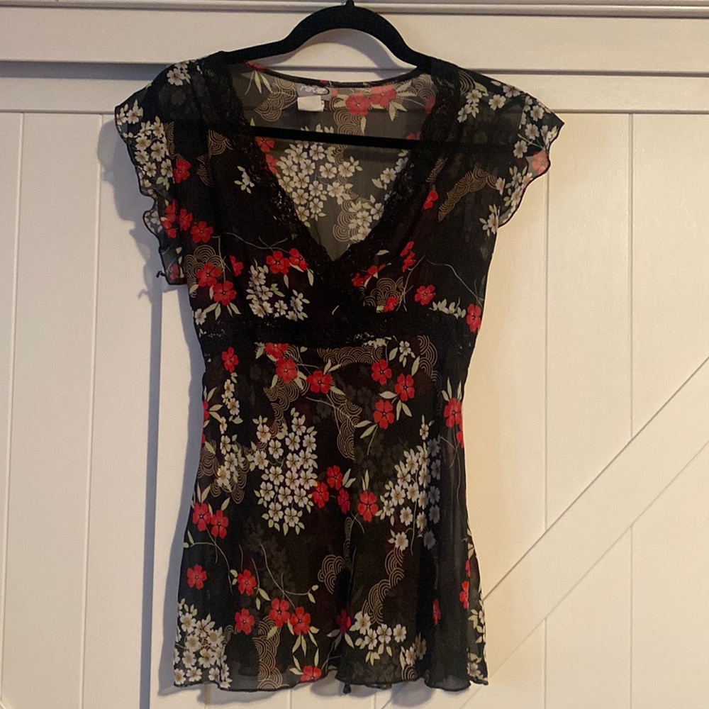 Floral Black Sheer Empire Waist SS Flowy Shirt